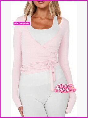 Wrap Top Long Sleeve Deep V Neck Cross Tie Workout Ballet Pilates Yoga Shirt
